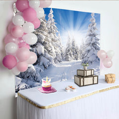 Lofaris Toile de fond de photographie paysage hivernal avec arbres enneigés et soleil éclatant, lumineux pour studio photo et décor de saison