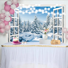 Lofaris Toile de fond de Noël avec fenêtre ouverte et paysage enneigé, arrière-plan hivernal féerique avec guirlande lumineuse