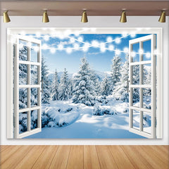 Lofaris Toile de fond de Noël avec fenêtre ouverte et paysage enneigé, arrière-plan hivernal féerique avec guirlande lumineuse