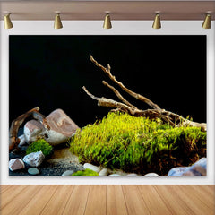 Lofaris Toile de fond de photographie naturelle avec mousse verte, pierres et branches de bois, arrière-plan texturé pour studio photo