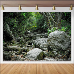 Lofaris Toile de fond de photographie paysage naturel avec rochers et arbres verts, arrière-plan réaliste pour studio photo