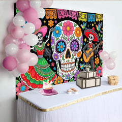 Lofaris Toile de fond Fête des Morts mexicaine et calaveras, décor festif avec fleurs vives pour célébration culturelle