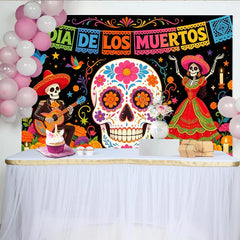 Lofaris Toile de fond colorée pour le Jour des Morts avec calavera et squelettes musiciens, festif de tradition mexicaine pour studio photo