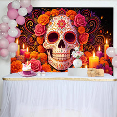 Lofaris Toile de fond Día de los Muertos avec crâne fleuri et bougies, magnifique décor de fête mexicaine pour célébration