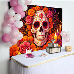 Lofaris Toile de fond Día de los Muertos avec crâne fleuri et bougies, magnifique décor de fête mexicaine pour célébration