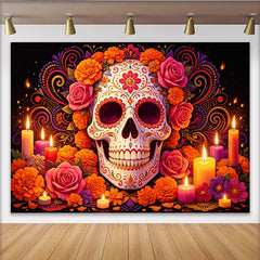 Lofaris Toile de fond Día de los Muertos avec crâne fleuri et bougies, magnifique décor de fête mexicaine pour célébration