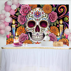 Lofaris Toile de fond Jour des Morts crâne en sucre et fleurs colorées, magnifique arrière-plan festif pour célébration mexicaine