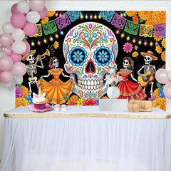 Lofaris Toile de fond Fête des Morts calavera colorée avec squelettes et fleurs, magnifique arrière-plan mexicain pour célébration