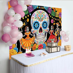 Lofaris Toile de fond Fête des Morts calavera colorée avec squelettes et fleurs, magnifique arrière-plan mexicain pour célébration