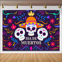 Lofaris Toile de fond Dia de Muertos colorée avec crânes et sombrero, magnifique décor de fête mexicaine avec fleurs vibrantes