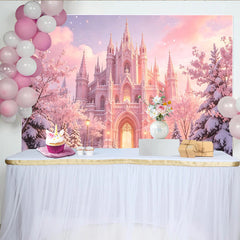 Lofaris Toile de fond de photographie château de conte de fées rose hivernal, magnifique décor de rêve pour studio photo