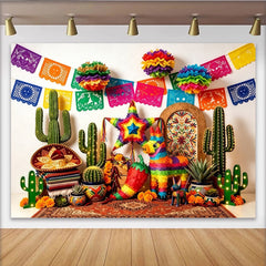 Lofaris Toile de fond colorée pour fiesta mexicaine avec papel picado et cactus, décor de fête vibrant pour studio photo et célébration