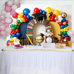Lofaris Toile de fond pour remise des diplômes avec livres, chapeaux de diplômés et ballons colorés, décor éducatif pour fête scolaire