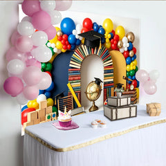 Lofaris Toile de fond pour remise des diplômes avec livres, chapeaux de diplômés et ballons colorés, décor éducatif pour fête scolaire