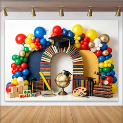 Lofaris Toile de fond pour remise des diplômes avec livres, chapeaux de diplômés et ballons colorés, décor éducatif pour fête scolaire