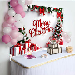 Lofaris Toile de fond de Noël avec sapins, cadeaux et rubans rouges, décor festif pour studio photo et célébrations