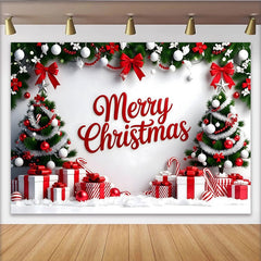 Lofaris Toile de fond de Noël avec sapins, cadeaux et rubans rouges, décor festif pour studio photo et célébrations