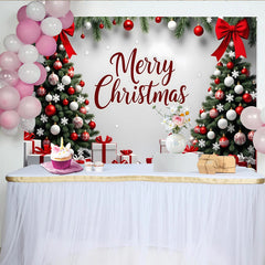 Lofaris Toile de fond de Noël avec sapins, cadeaux et boules rouges et blanches, décor festif avec flocons pour studio photo