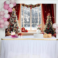 Lofaris Toile de fond de Noël enneigée avec sapins et cadeaux, magnifique arrière-plan de fête hivernale pour studio photo