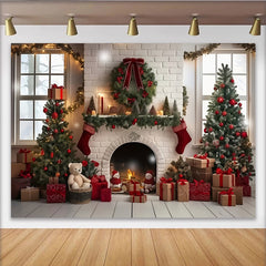Lofaris Toile de fond de Noël cheminée briques blanches et sapins décorés, magnifique arrière-plan festif pour studio photo hivernal