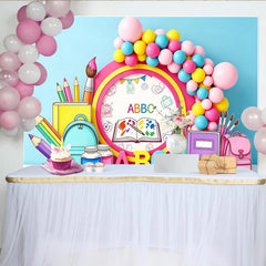 Lofaris Toile de fond colorée pour la rentrée scolaire avec fournitures et lettres ABC, arrière-plan éducatif pour studio photo