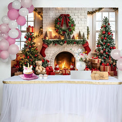 Lofaris Toile de fond de Noël avec cheminée, sapins et cadeaux lumineux, magnifique décor de fête pour studio photo