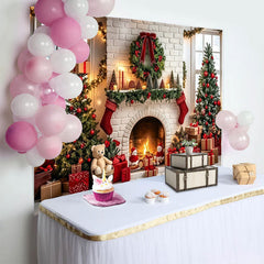 Lofaris Toile de fond de Noël avec cheminée, sapins et cadeaux lumineux, magnifique décor de fête pour studio photo