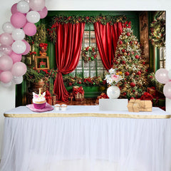 Lofaris Toile de fond de Noël festive avec sapin illuminé et rideaux rouges, élégant décor de studio pour photos de famille et célébrations
