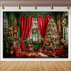 Lofaris Toile de fond de Noël festive avec sapin illuminé et rideaux rouges, élégant décor de studio pour photos de famille et célébrations