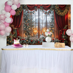 Lofaris Toile de fond de Noël fenêtre enneigée et rideaux rouges festifs, magnifique arrière-plan hivernal pour photographie de fête et studio