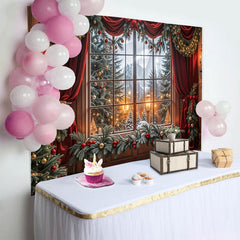 Lofaris Toile de fond de Noël fenêtre enneigée et rideaux rouges festifs, magnifique arrière-plan hivernal pour photographie de fête et studio