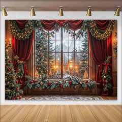 Lofaris Toile de fond de Noël fenêtre enneigée et rideaux rouges festifs, magnifique arrière-plan hivernal pour photographie de fête et studio