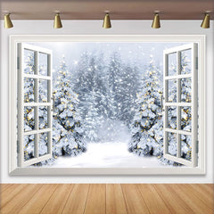 Lofaris Toile de fond de Noël avec fenêtre ouverte et forêt enneigée, magnifique arrière-plan d'hiver lumineux pour photographie