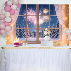 Lofaris Toile de fond pour le Nouvel An avec feux d'artifice et fenêtre, décor de fête d'hiver avec guirlandes lumineuses et arbres enneigés