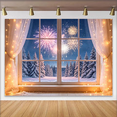 Lofaris Toile de fond pour le Nouvel An avec feux d'artifice et fenêtre, décor de fête d'hiver avec guirlandes lumineuses et arbres enneigés
