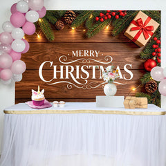 Lofaris Toile de fond de Noël en bois avec branches de pin, baies rouges et lumières, arrière-plan festif pour studio photo