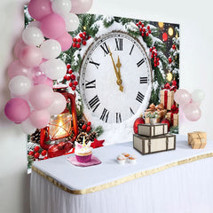 Lofaris Toile de fond du Nouvel An enneigée avec horloge et cadeaux, magnifique décor de fête hivernal avec branches de pin pour studio photo