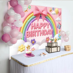 Lofaris Toile de fond rose joyeux anniversaire arc-en-ciel et nuages, magnifique décor de fête avec ballons et étoiles pour enfants