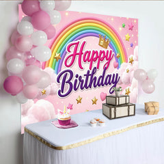 Lofaris Toile de fond rose joyeux anniversaire arc-en-ciel pour fille avec étoiles et nuages, magnifique décor de fête pour séance photo