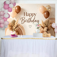 Lofaris Toile de fond joyeux anniversaire bohème avec herbe de pampa et ballons, magnifique arrière-plan aux tons neutres
