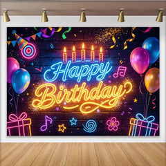 Lofaris Toile de fond néon joyeux anniversaire sur mur de briques, élégant décor de fête pour studio photo et célébration