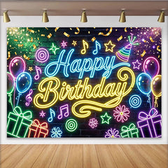 Lofaris Toile de fond joyeux anniversaire néon avec ballons et cadeaux, décor de fête lumineux pour studio photo et célébration