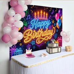 Lofaris Toile de fond joyeux anniversaire néon avec ballons et cadeaux lumineux, décor de fête vibrant pour studio photo