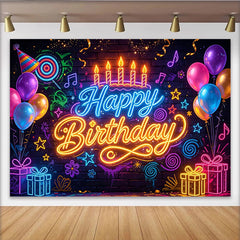 Lofaris Toile de fond joyeux anniversaire néon avec ballons et cadeaux lumineux, décor de fête vibrant pour studio photo