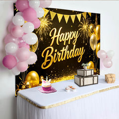 Lofaris Toile de fond joyeux anniversaire or et noir avec ballons et feux d'artifice, magnifique décor de fête pour studio photo et célébration