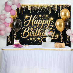 Lofaris Élégante toile de fond joyeux anniversaire noir et or, magnifique décor de fête avec ballons et étoiles pour studio photo