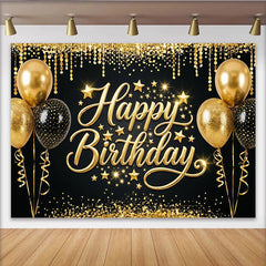 Lofaris Élégante toile de fond joyeux anniversaire noir et or, magnifique décor de fête avec ballons et étoiles pour studio photo