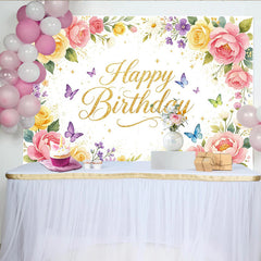 Lofaris Toile de fond d'anniversaire florale avec roses et marguerites et papillons dorés, élégant décor de fête pour studio photo