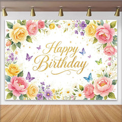 Lofaris Toile de fond d'anniversaire florale avec roses et marguerites et papillons dorés, élégant décor de fête pour studio photo