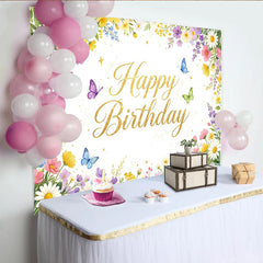 Lofaris Toile de fond joyeux anniversaire florale et papillons, arrière-plan printanier pour célébration et séance photo